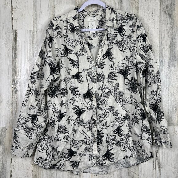 Joie 100% Linen Cream Black Sz‎ XL Blouse Shirt Button Front Tropical Jungle Top - Picture 1 of 11